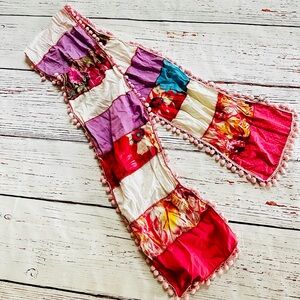 Colorful Boho Patchwork Pom Pom Scarf – Festival / Vintage Style